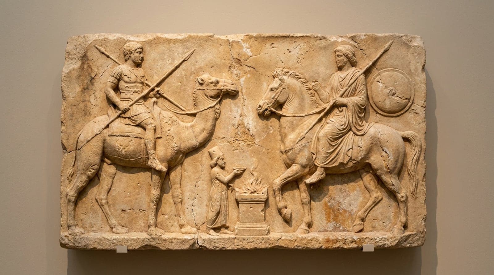 An illustration of a Palmyrene relief showing two riders — one on a camel in armour, one on a horse in civilian robes — with a priest making an offering at a burning altar between them