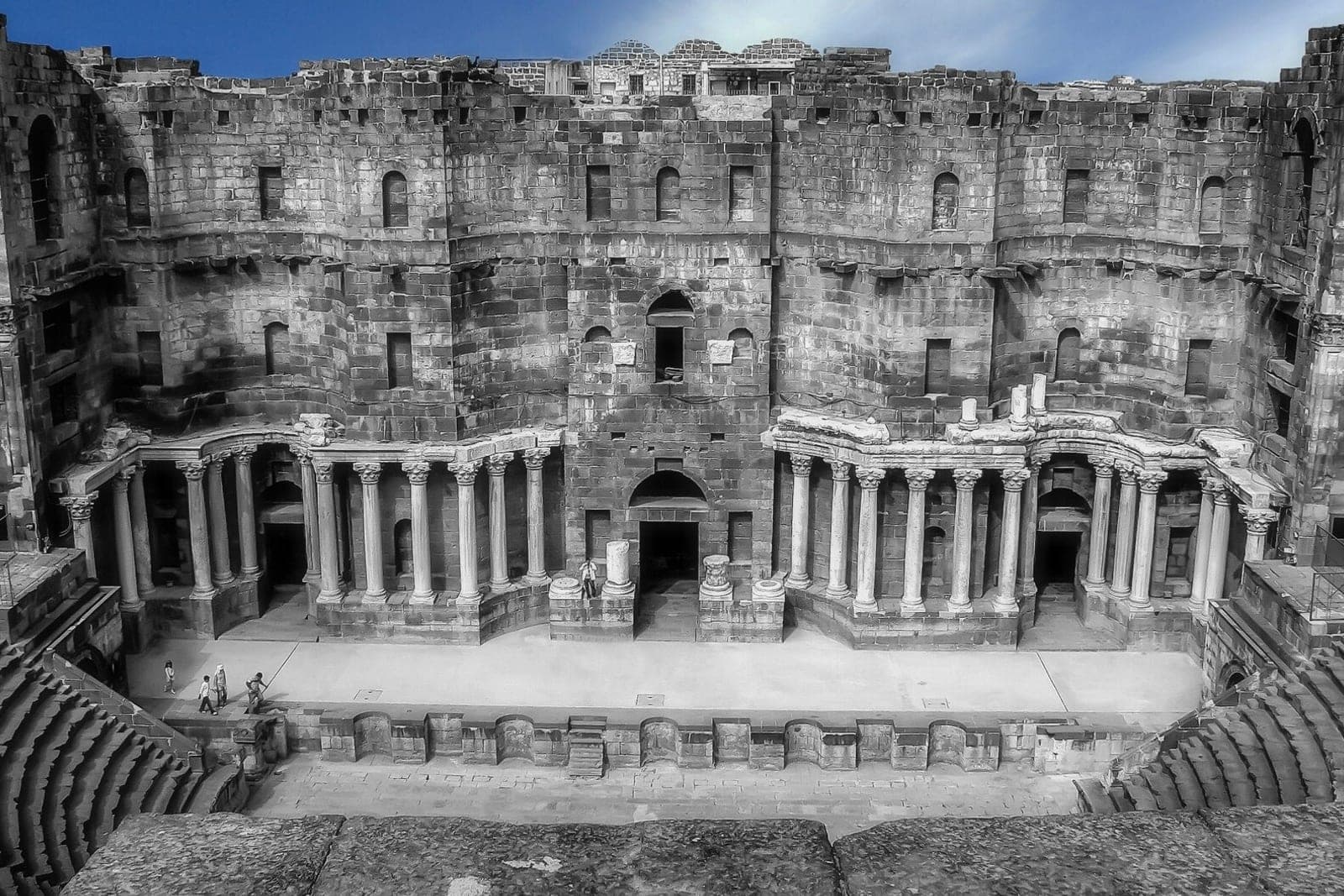 The Roman theatre at Bosra, built of black basalt, seen from the seating